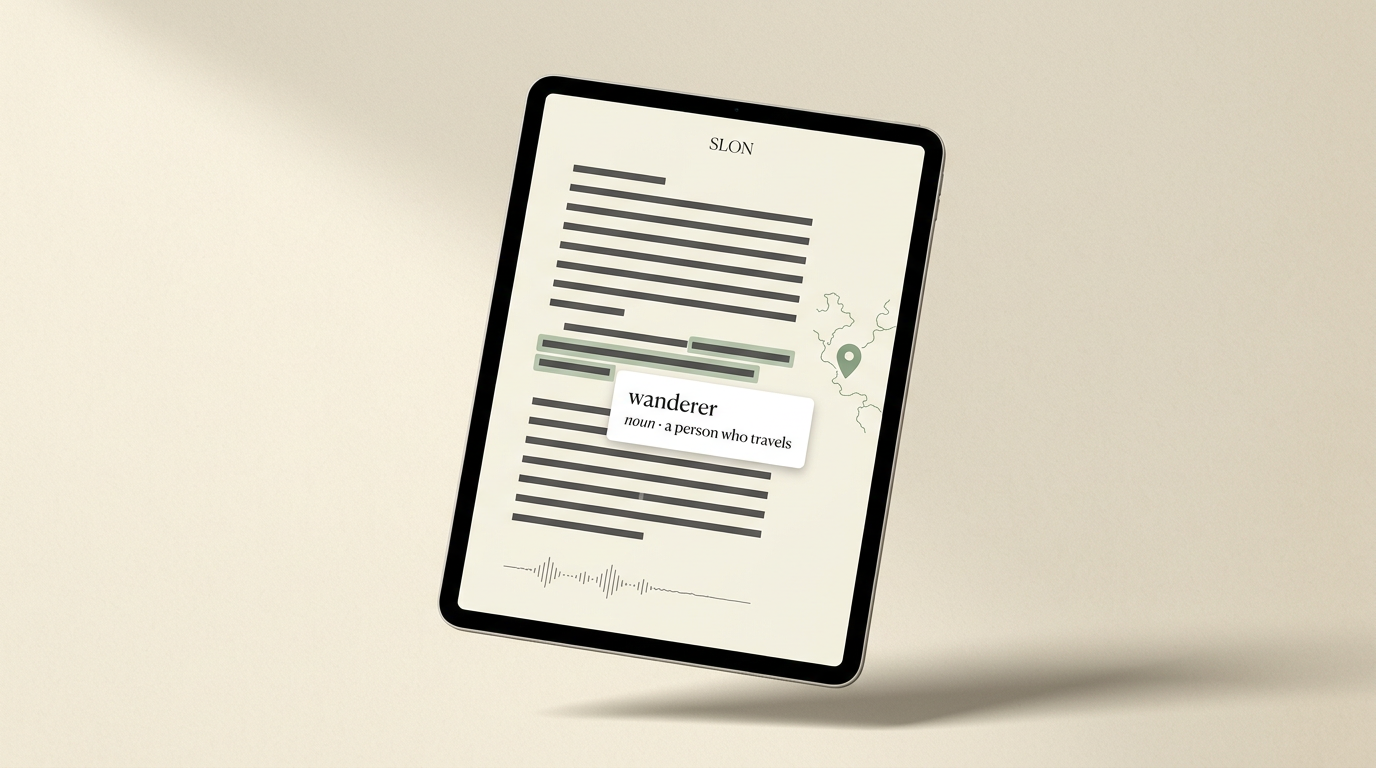 A tablet displaying the Apirience augmented reader: a parchment page with a highlighted word, an inline definition card, a map fragment with a location pin, and an audio waveform