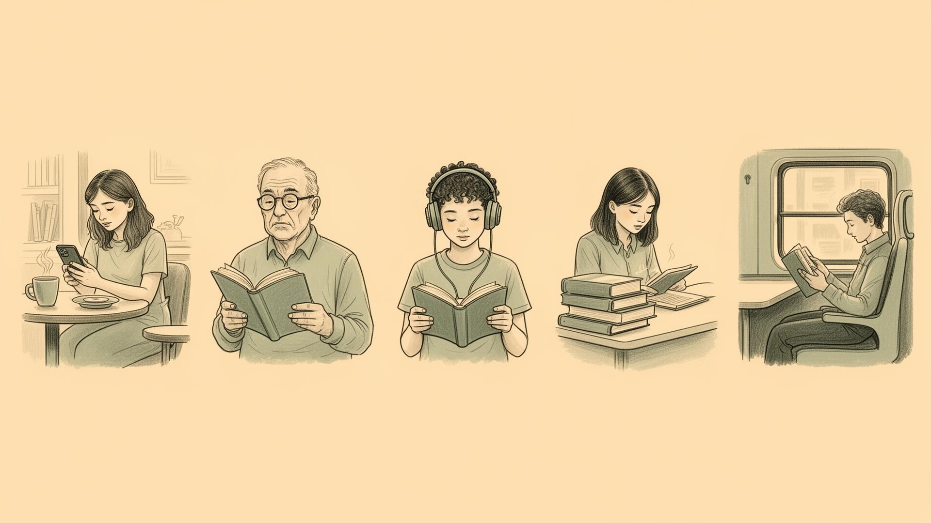 Hand-drawn illustrations of five different readers: a person at a cafe, an older reader with glasses, a teen with headphones, a student with books, and a commuter on a train